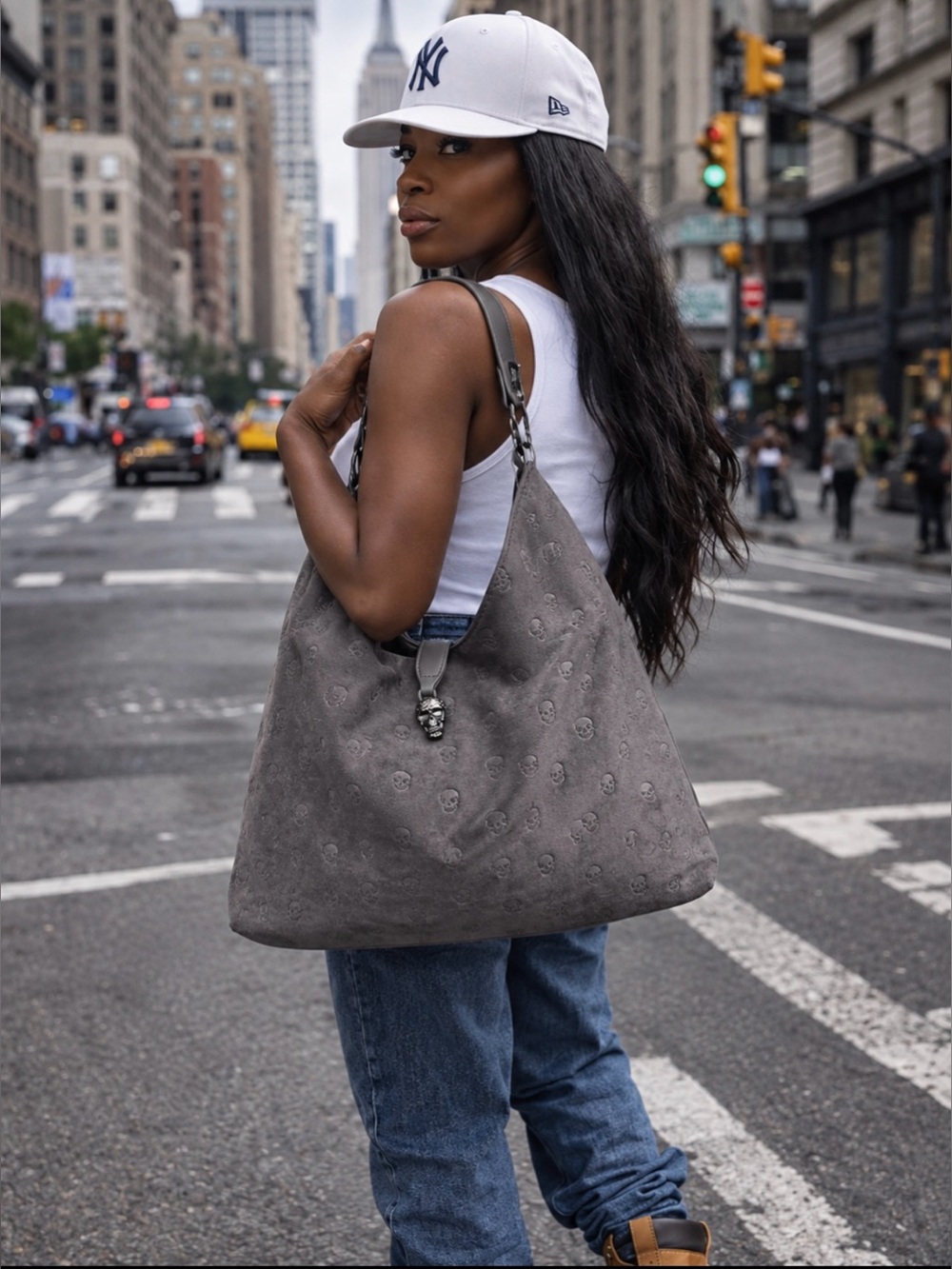 Betsey Johnson Gray Skull-Embossed Suede Hobo Handbag-NWT